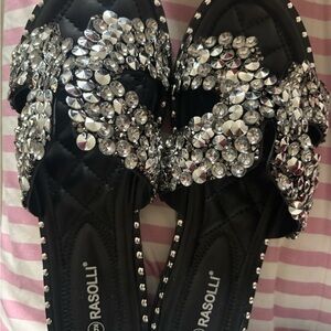 Women's Black and Silver Crystal Sandals
